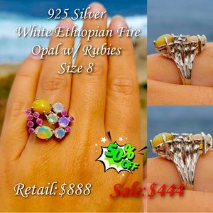 Sterling Silver Ring w/ Rubies & Ethiopian Fire Opals. Size 8